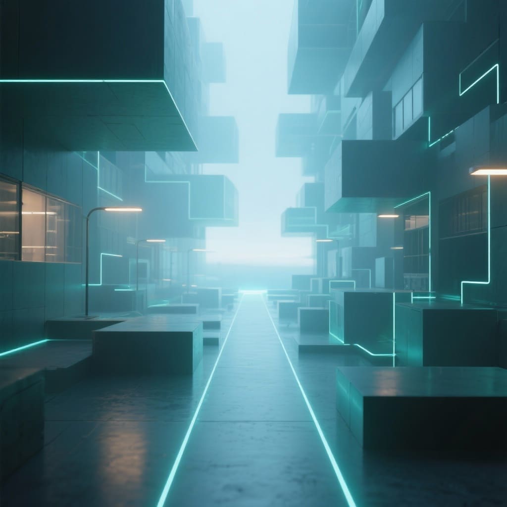 Estructuras digitales interconectadas se fusionan en un solo camino luminoso que avanza hacia el horizonte, simbolizando la convergencia estratégica y la claridad organizacional en una empresa de tecnología.