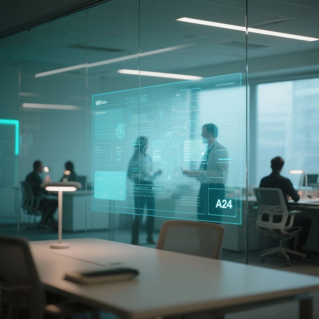 Equipos de una empresa de tecnología observan cómo datos, personas y procesos se alinean en una misma pantalla transparente, representando la ejecución práctica de una estrategia integrada.