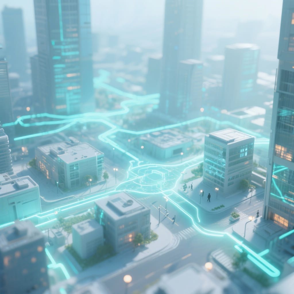 Ciudad futurista interconectada por líneas luminosas que forman una red cohesionada, simbolizando la sostenibilidad, la madurez estratégica y la convergencia continua en una empresa de tecnología