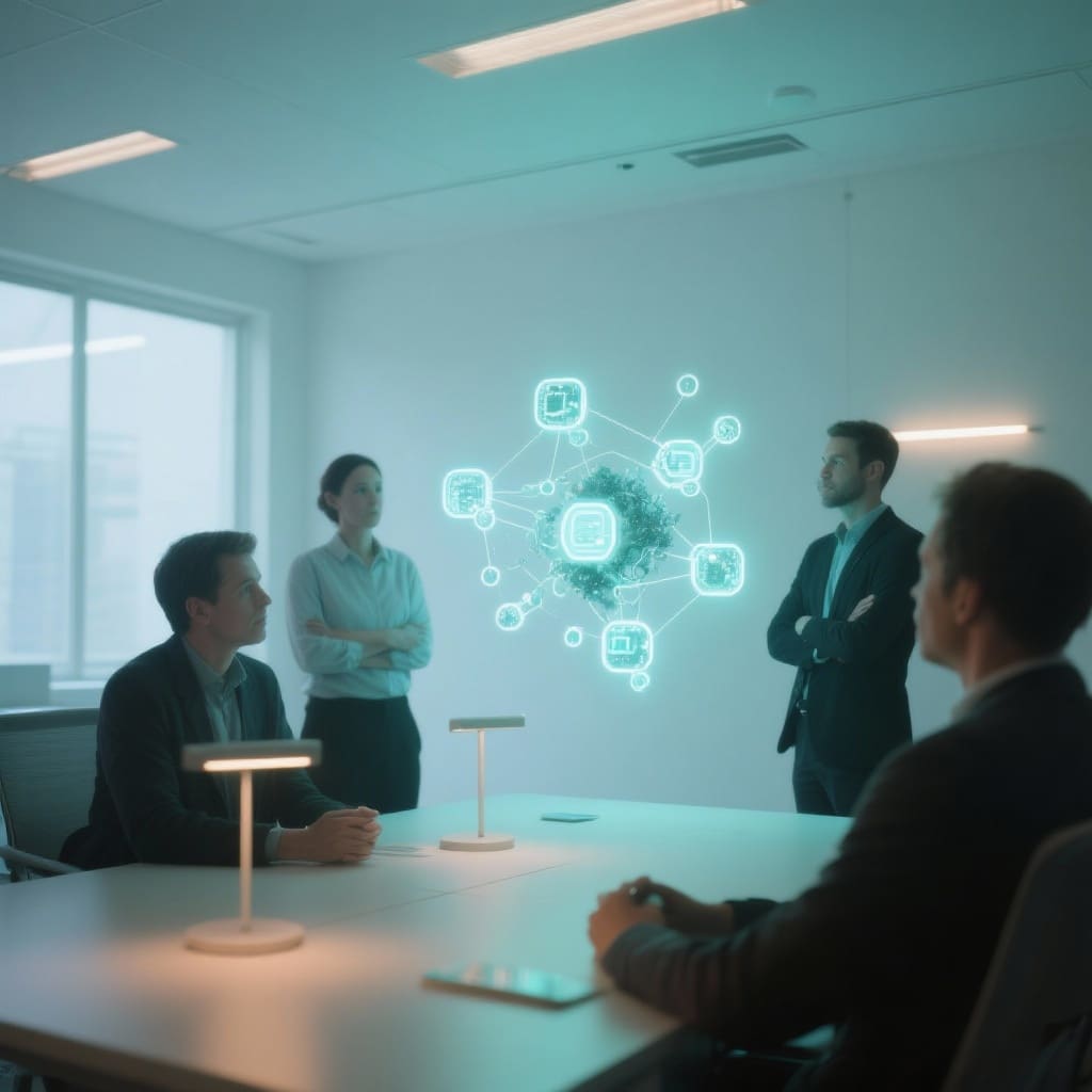 Equipo en una oficina luminosa observa un ecosistema digital autosostenible con nodos interconectados, representando la continuidad y autonomía estratégica después del acompañamiento de Affinitit.