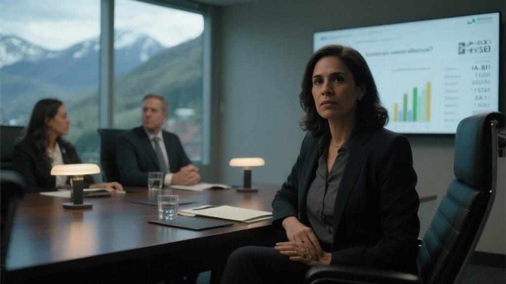 Ejecutiva de estrategia en una sala de juntas moderna observa múltiples paneles de datos desalineados, simbolizando la fragmentación organizacional y la falta de dirección estratégica.